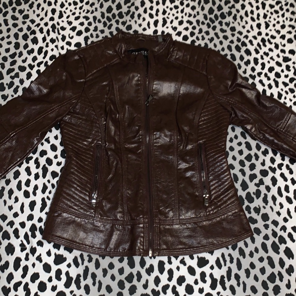Guess Women’s Textured Faux Leather Brown Jacket